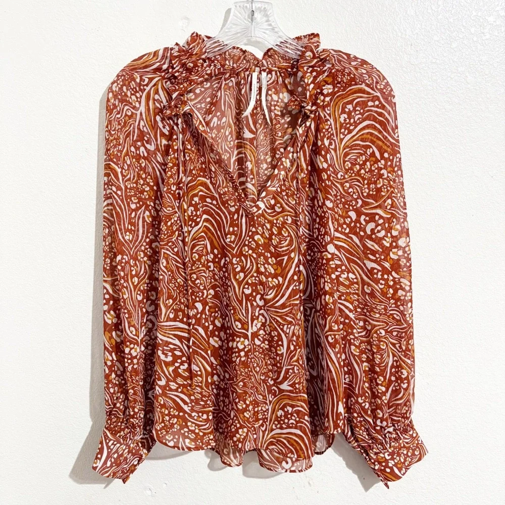 Anthropologie Sheer Printed Peasant Blouse in Orange &‎ White Abstract Print